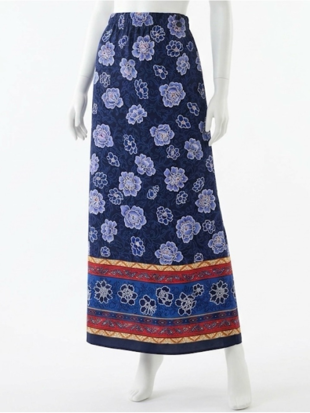Sag Harbor Navy Floral Boho Maxi Skirt with Red Border